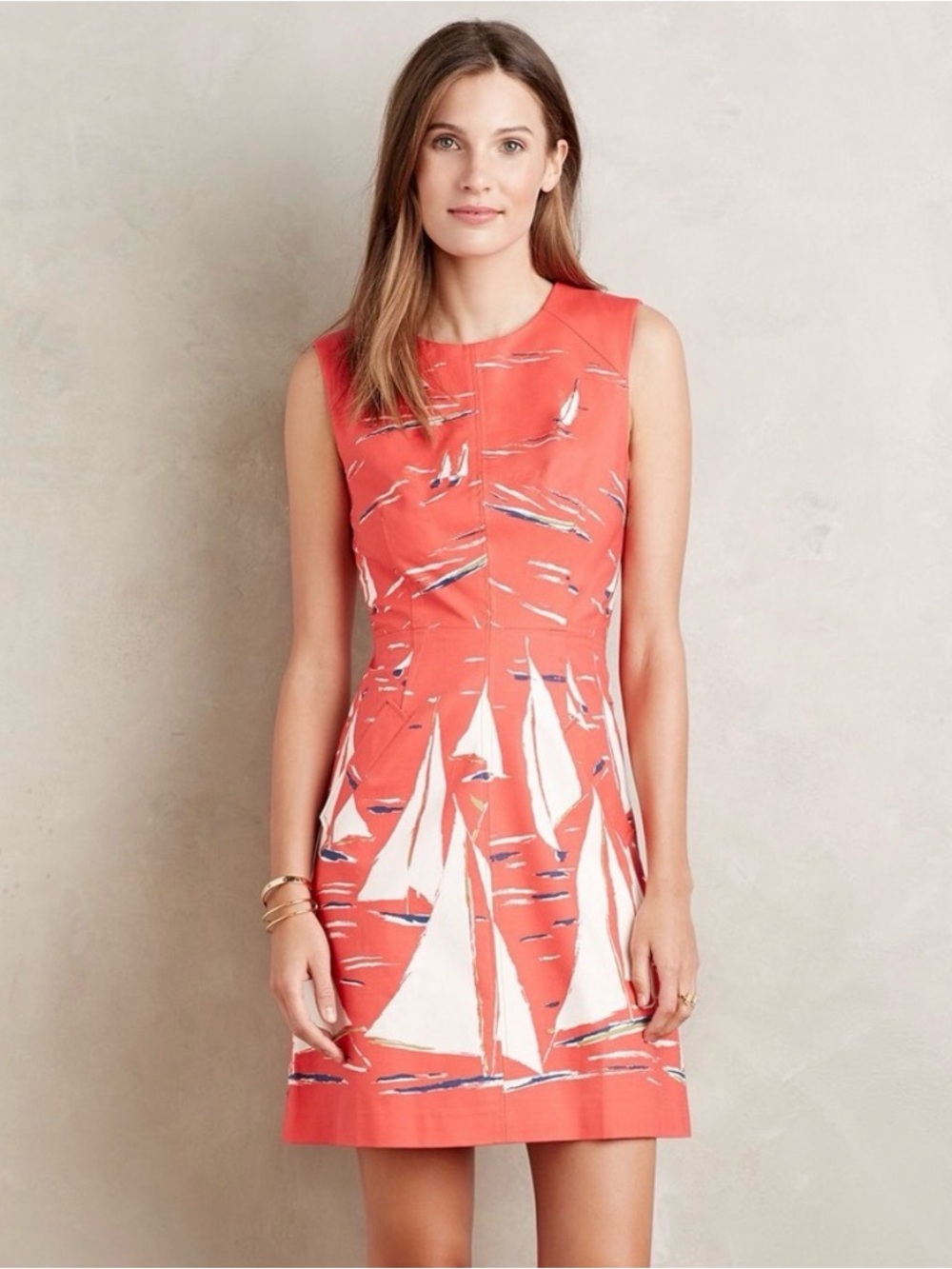 Maeve by Anthropologie Red Sailboat Print Sleeveless cotton blend A-Line Dress